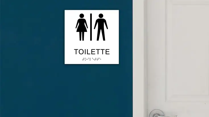 Ein weißes taktiles Toilettenschild an einer Tür